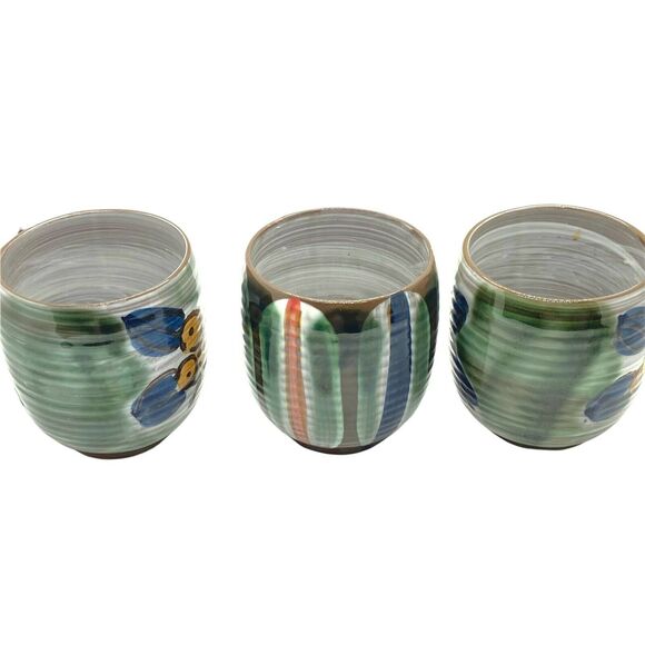 Asian Tea Cups Set Of Three Vintage Gray Green Blue Ceramic Round Sticker Marked - Picture 4 of 16